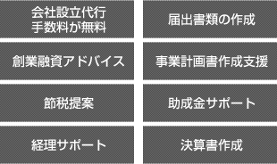 会社設立代行 手数料が無料 届出書類の作成 創業融資アドバイス 事業計画書作成支援 節税提案 助成金サポート 経理サポート 決算書作成