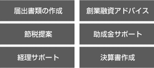 届出書類の作成 創業融資アドバイス 節税提案 助成金サポート 経理サポート 決算書作成